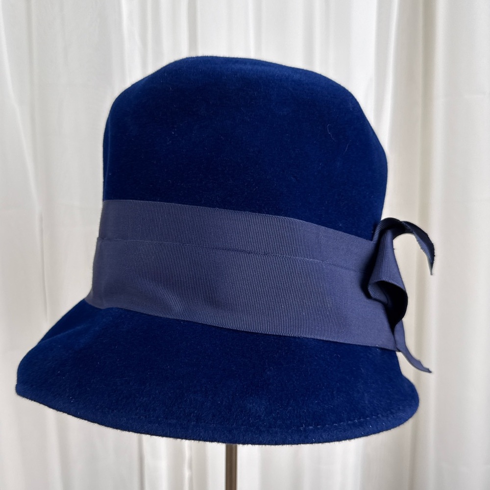 Vintage Mr. Frank Blue Velour Cloche Hat Ribbon Trim Ladies